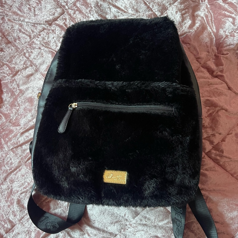Betsey Johnson Black Faux Fur Backpack